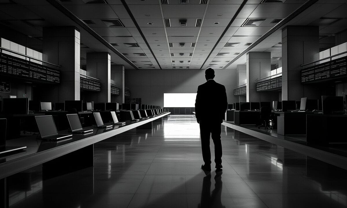 Salle des marchés vide à l'aube, silhouette d'un trader de dos, photo noir et blanc contrastée.