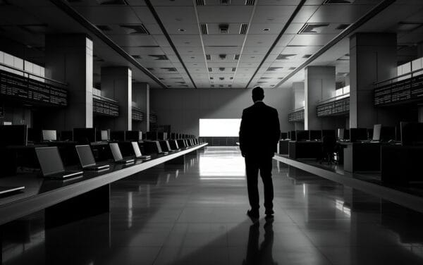 Salle des marchés vide à l'aube, silhouette d'un trader de dos, photo noir et blanc contrastée.