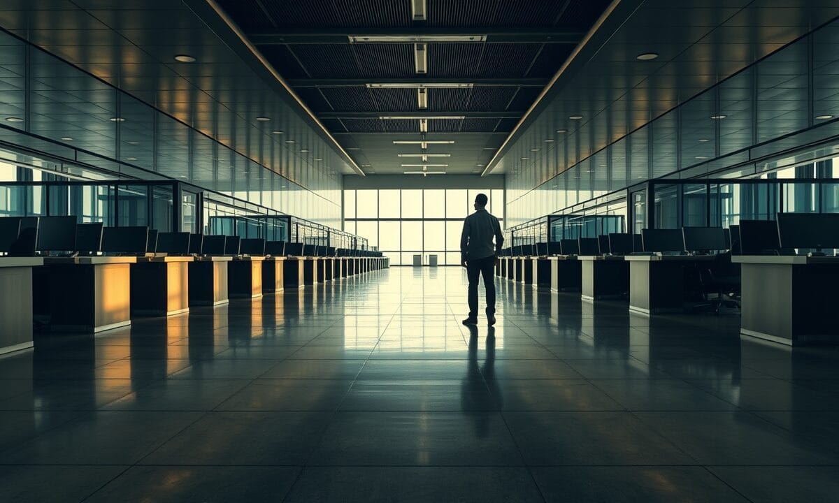 Salle des marchés vide en fin de journée, silhouette d'un analyste de dos au loin