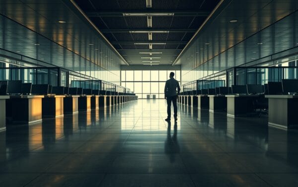 Salle des marchés vide en fin de journée, silhouette d'un analyste de dos au loin
