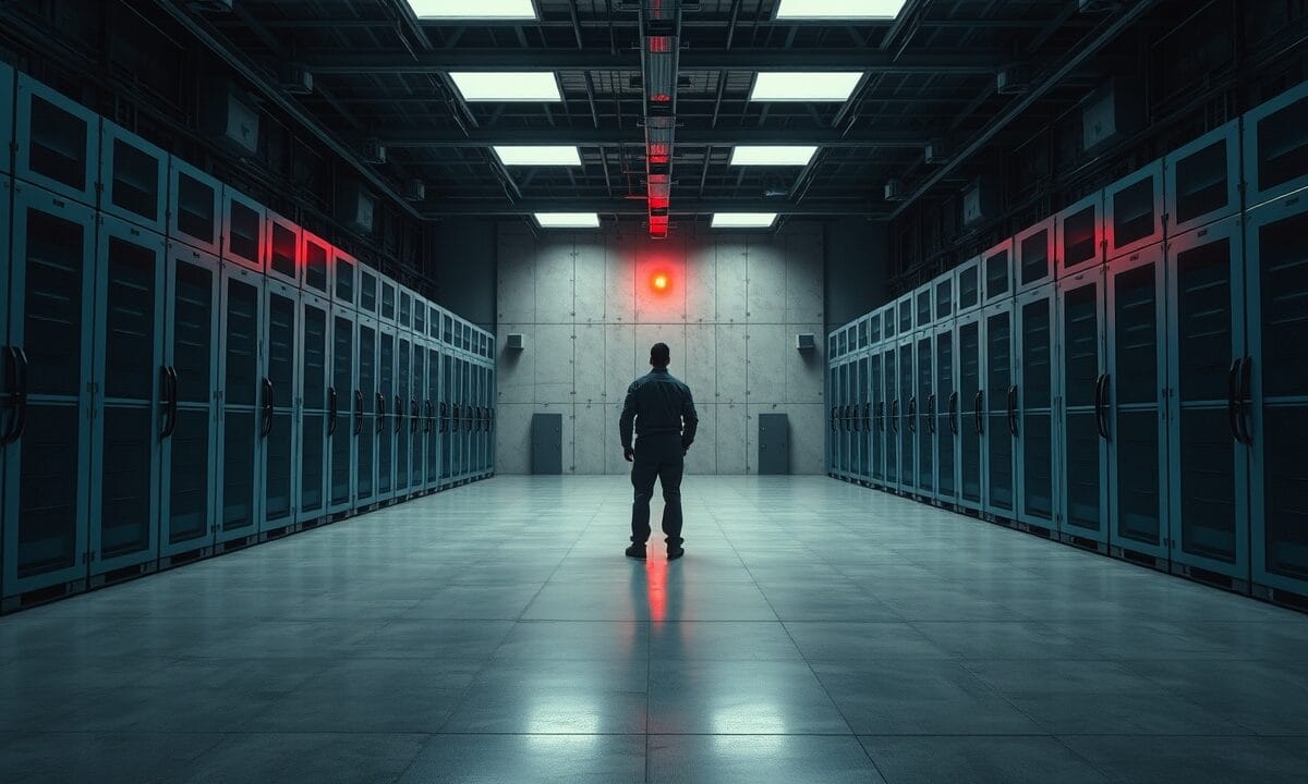 Choisir une plateforme de swap crypto en 7 étapes : guide 2026 1 Silhouette d'un technicien dans une salle de serveurs aux tons bleu acier avec un accent rouge au loin