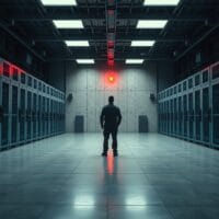 Silhouette d'un technicien dans une salle de serveurs aux tons bleu acier avec un accent rouge au loin