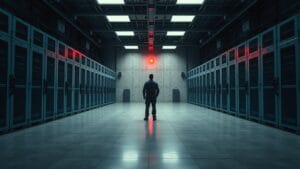 AMF, ESMA : vérifier qu'une plateforme crypto est autorisée 9 Silhouette d'un technicien dans une salle de serveurs aux tons bleu acier avec un accent rouge au loin
