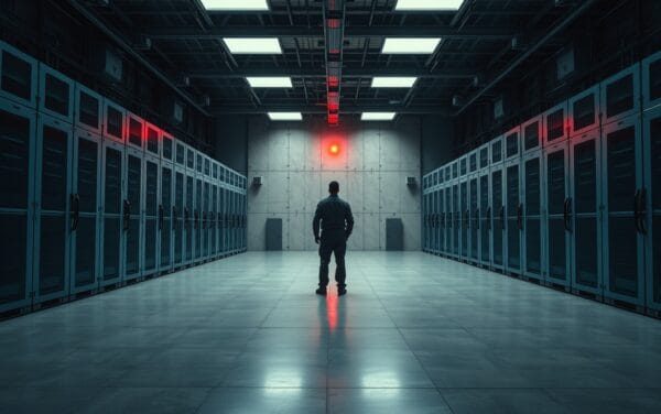 Silhouette d'un technicien dans une salle de serveurs aux tons bleu acier avec un accent rouge au loin