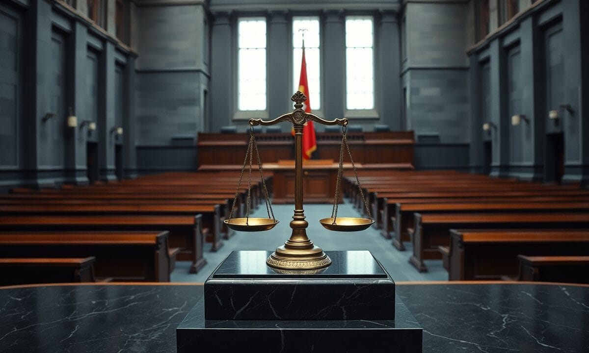 CLARITY Act : ce que la loi US change pour XRP en 2026 1 Balance en bronze dans une salle d'audience du Sénat américain vide, lumière froide et drapeau cramoisi en arrière-plan.