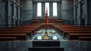 CLARITY Act : XRP grimpe à 1,49 $ après le vote du Sénat 19 Balance en bronze dans une salle d'audience du Sénat américain vide, lumière froide et drapeau cramoisi en arrière-plan.