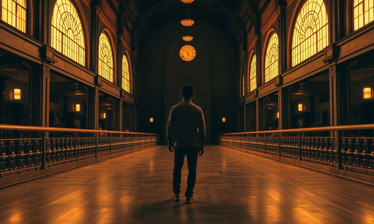 Hall de marché historique baigné de lumière dorée à Mumbai, silhouette d'un opérateur de dos au loin.