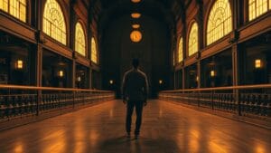 Coinbase Inde : rails INR lancés sur un marché crypto à 3 Mds $ 12 Hall de marché historique baigné de lumière dorée à Mumbai, silhouette d'un opérateur de dos au loin.