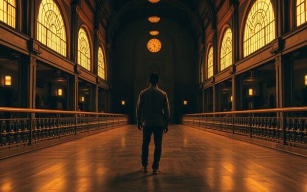 Hall de marché historique baigné de lumière dorée à Mumbai, silhouette d'un opérateur de dos au loin.