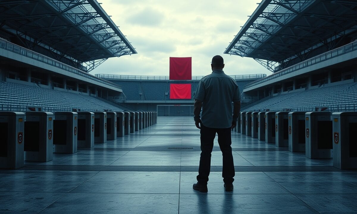 Coupe du Monde 2026 : 4 adresses crypto liées à des arnaques 1 Concourse vide d'un stade au crépuscule, tourniquets en acier et silhouette d'un agent de sécurité de dos.