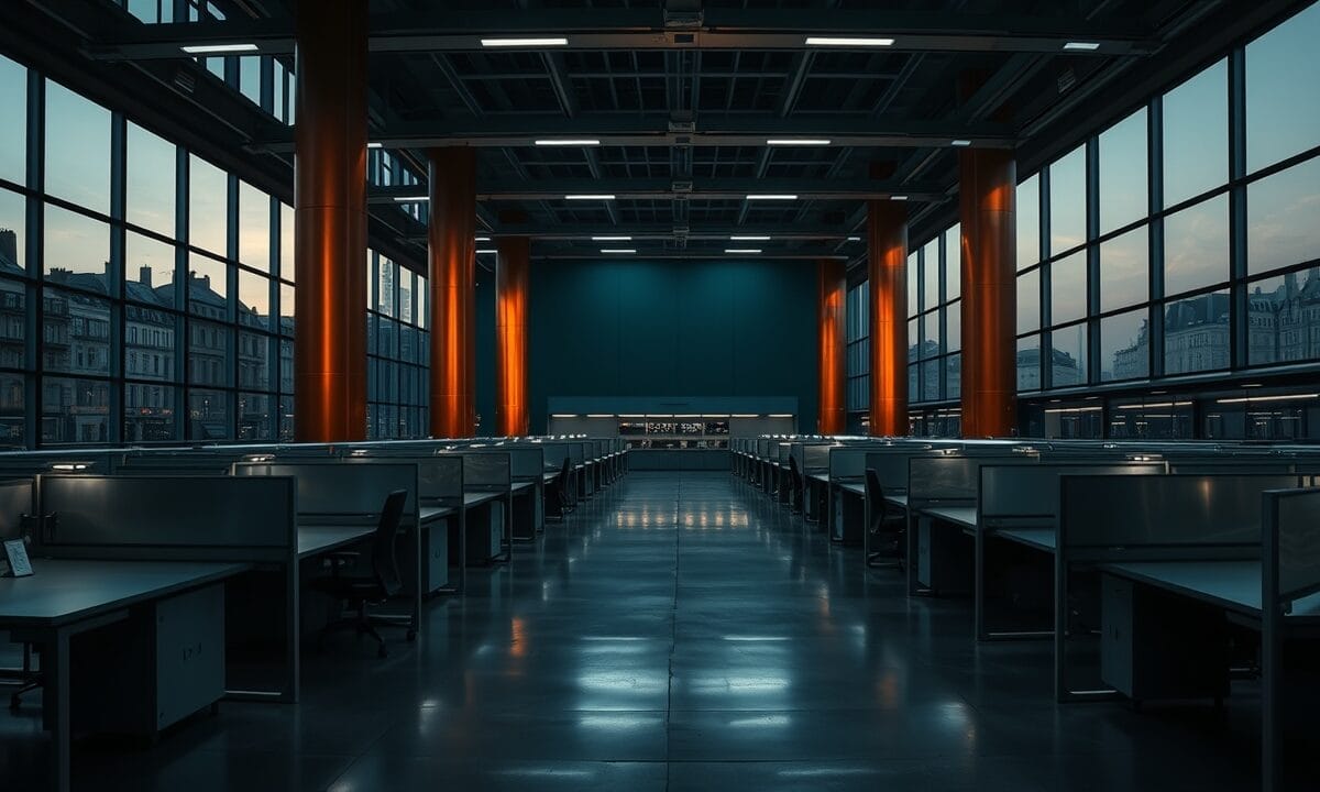 Salle des marchés parisienne déserte au crépuscule, lumière teal et accents cuivrés sur béton poli.