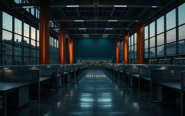 Salle des marchés parisienne déserte au crépuscule, lumière teal et accents cuivrés sur béton poli.