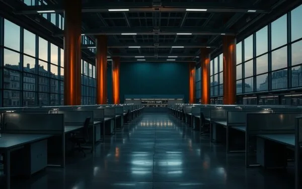 Salle des marchés parisienne déserte au crépuscule, lumière teal et accents cuivrés sur béton poli.