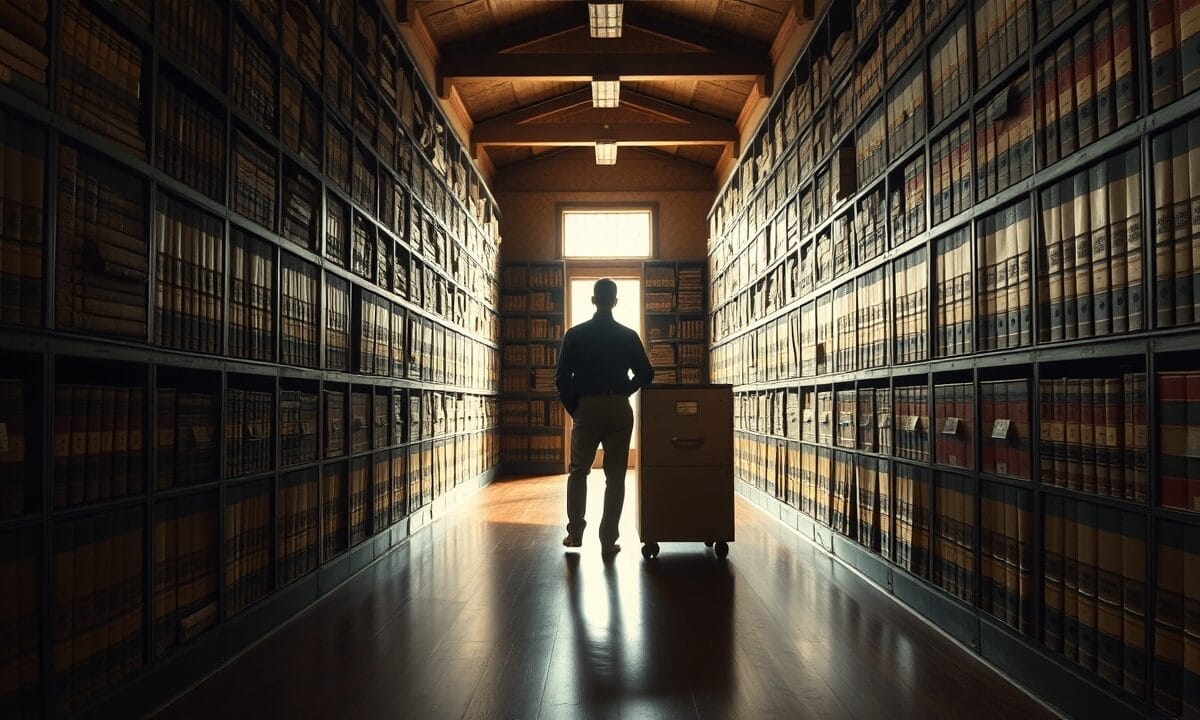 Salle d'archives administratives en bois sombre, silhouette d'un employé de dos au fond de l'allée.