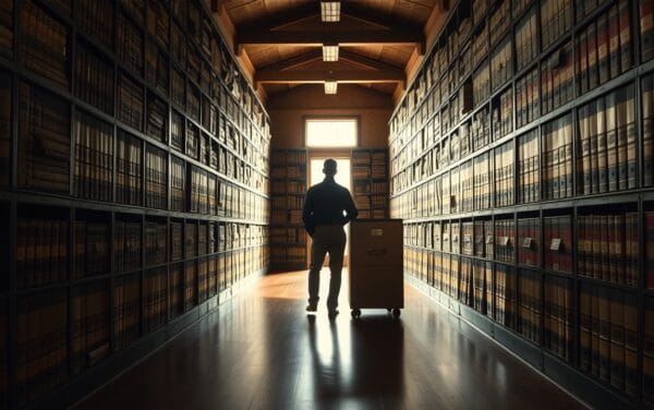 Salle d'archives administratives en bois sombre, silhouette d'un employé de dos au fond de l'allée.