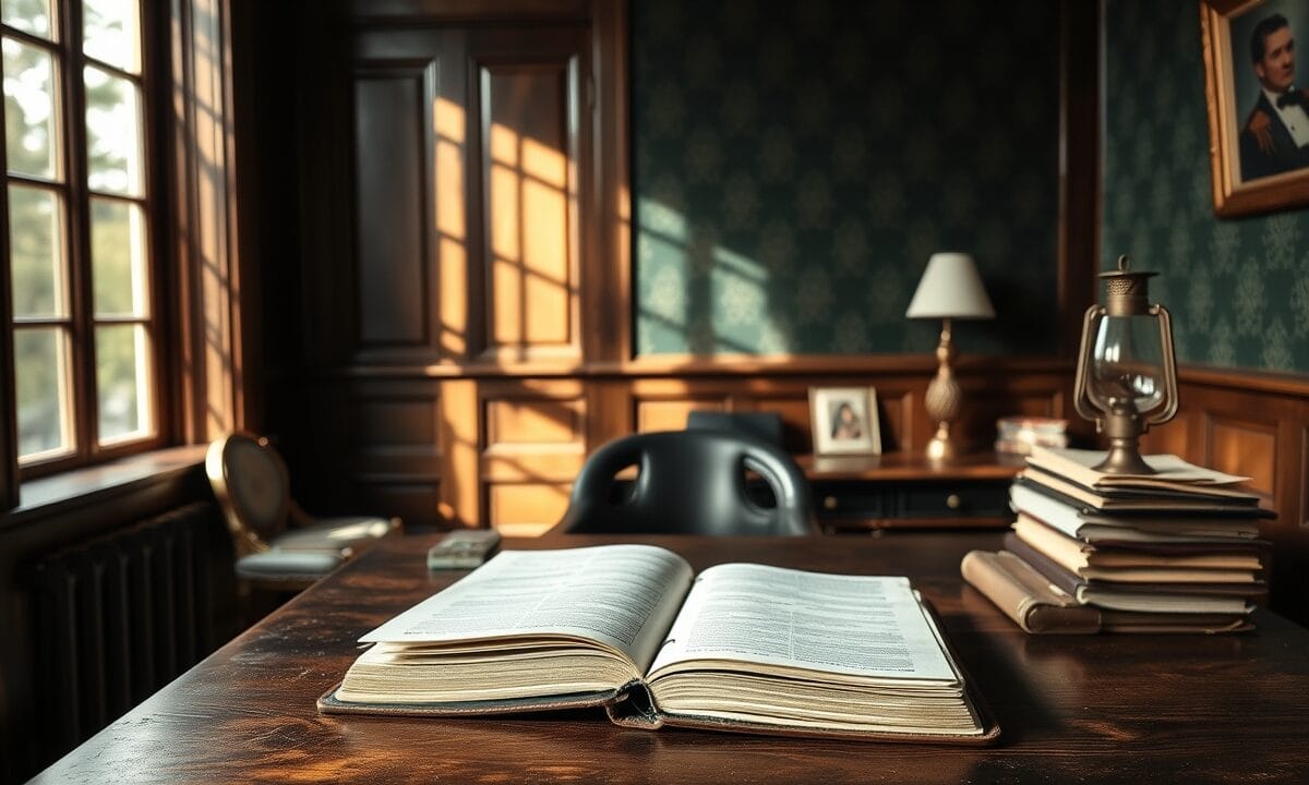 Bureau en bois sombre avec registre fermé et lampe éteinte, lumière naturelle filtrant par une fenêtre haute.