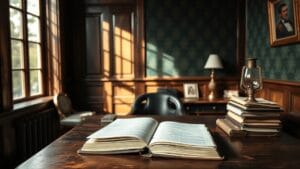 Dogecoin 2026 : les scénarios de prix de 0,073 à 0,088 $ 8 Bureau en bois sombre avec registre fermé et lampe éteinte, lumière naturelle filtrant par une fenêtre haute.