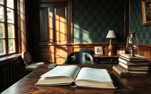 Bureau en bois sombre avec registre fermé et lampe éteinte, lumière naturelle filtrant par une fenêtre haute.