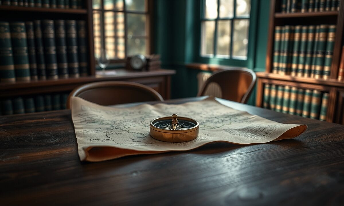 Boussole en laiton posée sur une carte ancienne, bureau en noyer sombre dans une bibliothèque aux murs vert forêt.
