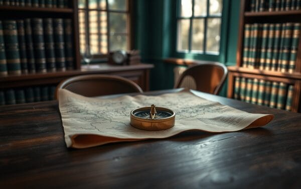 Boussole en laiton posée sur une carte ancienne, bureau en noyer sombre dans une bibliothèque aux murs vert forêt.
