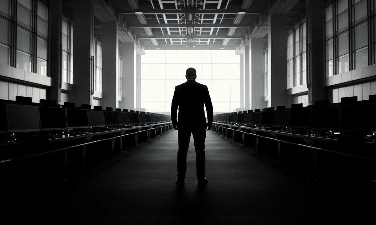 ETF Bitcoin : 52 000 BTC vendus par les investisseurs pros au Q1 1 Salle des marchés vide au petit matin, silhouette d'un analyste de dos entre les postes éteints, contraste noir et blanc.