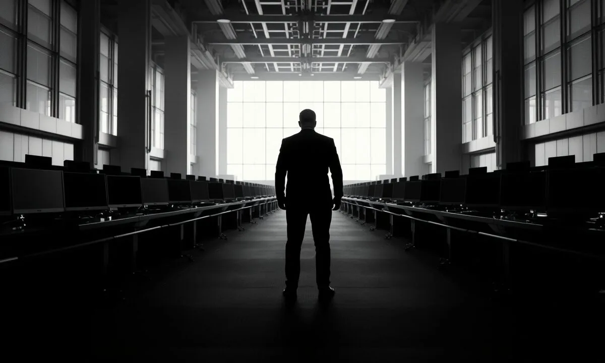 Salle des marchés vide au petit matin, silhouette d'un analyste de dos entre les postes éteints, contraste noir et blanc.