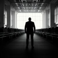 Salle des marchés vide au petit matin, silhouette d'un analyste de dos entre les postes éteints, contraste noir et blanc.