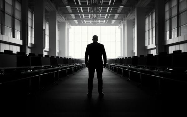 Salle des marchés vide au petit matin, silhouette d'un analyste de dos entre les postes éteints, contraste noir et blanc.