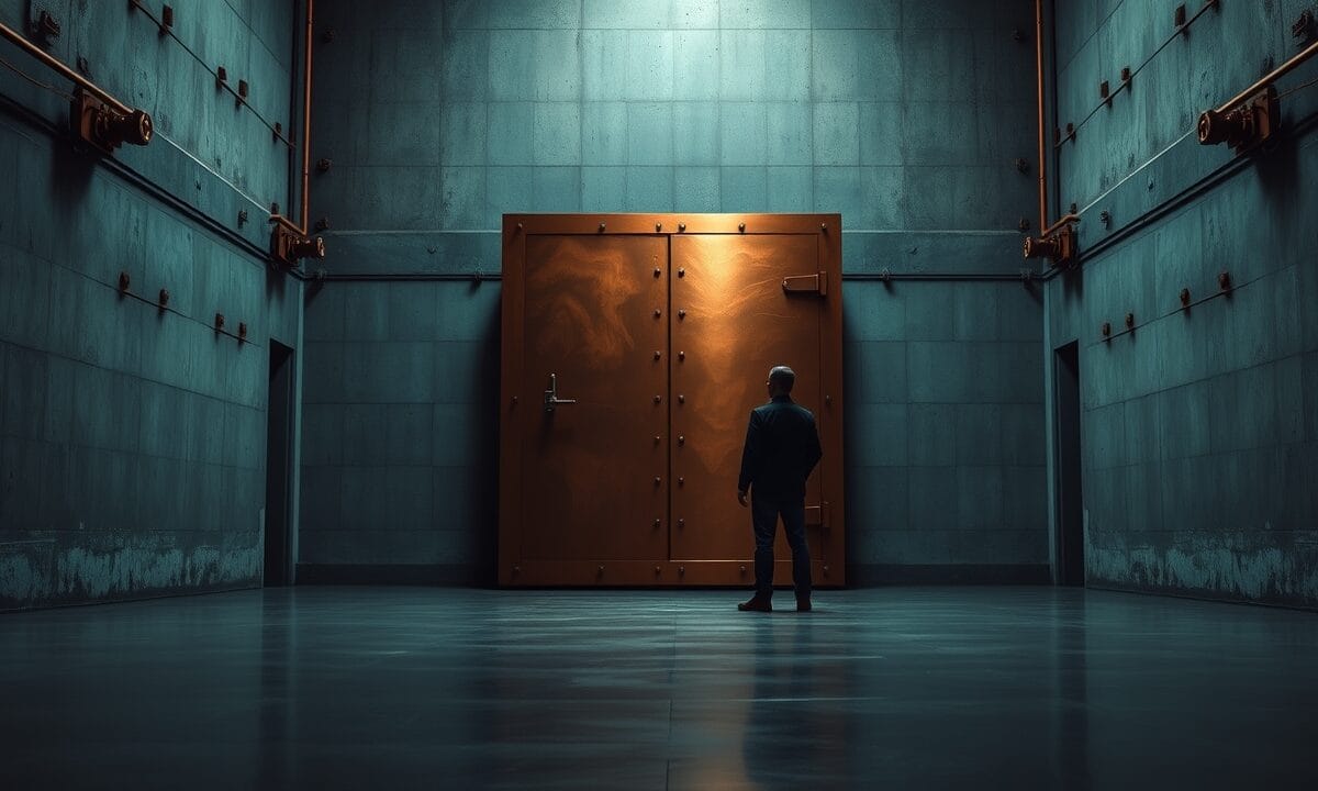ETF Bitcoin spot : 2,97 milliards de dollars retirés en 10 jours 1 Porte de coffre en cuivre entrouverte dans un hall institutionnel teal, silhouette d'analyste de dos au loin.