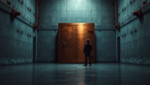 ETF Bitcoin spot : 2,97 milliards de dollars retirés en 10 jours 9 Porte de coffre en cuivre entrouverte dans un hall institutionnel teal, silhouette d'analyste de dos au loin.