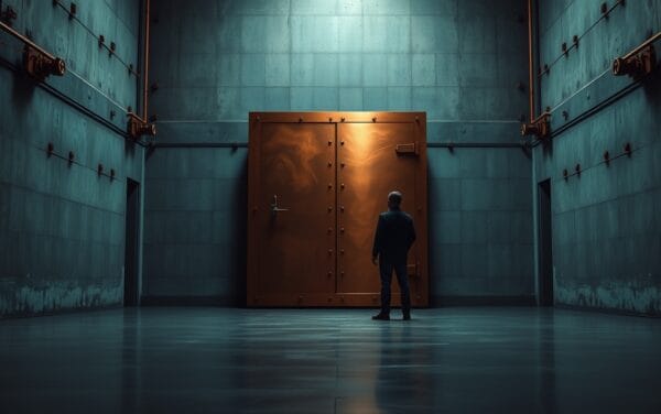 Porte de coffre en cuivre entrouverte dans un hall institutionnel teal, silhouette d'analyste de dos au loin.