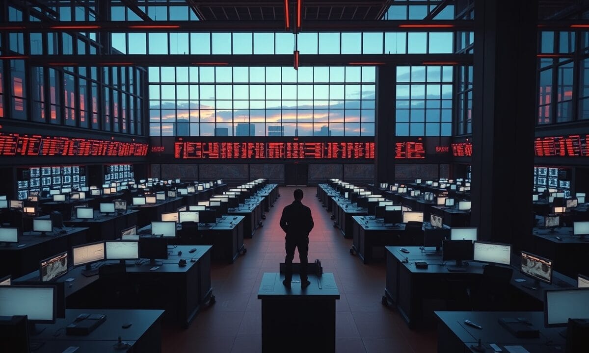 Salle des marchés vide au crépuscule, lumière chaude rasante sur des terminaux éteints, silhouette d'analyste de dos.