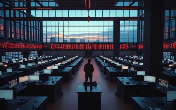 Salle des marchés vide au crépuscule, lumière chaude rasante sur des terminaux éteints, silhouette d'analyste de dos.