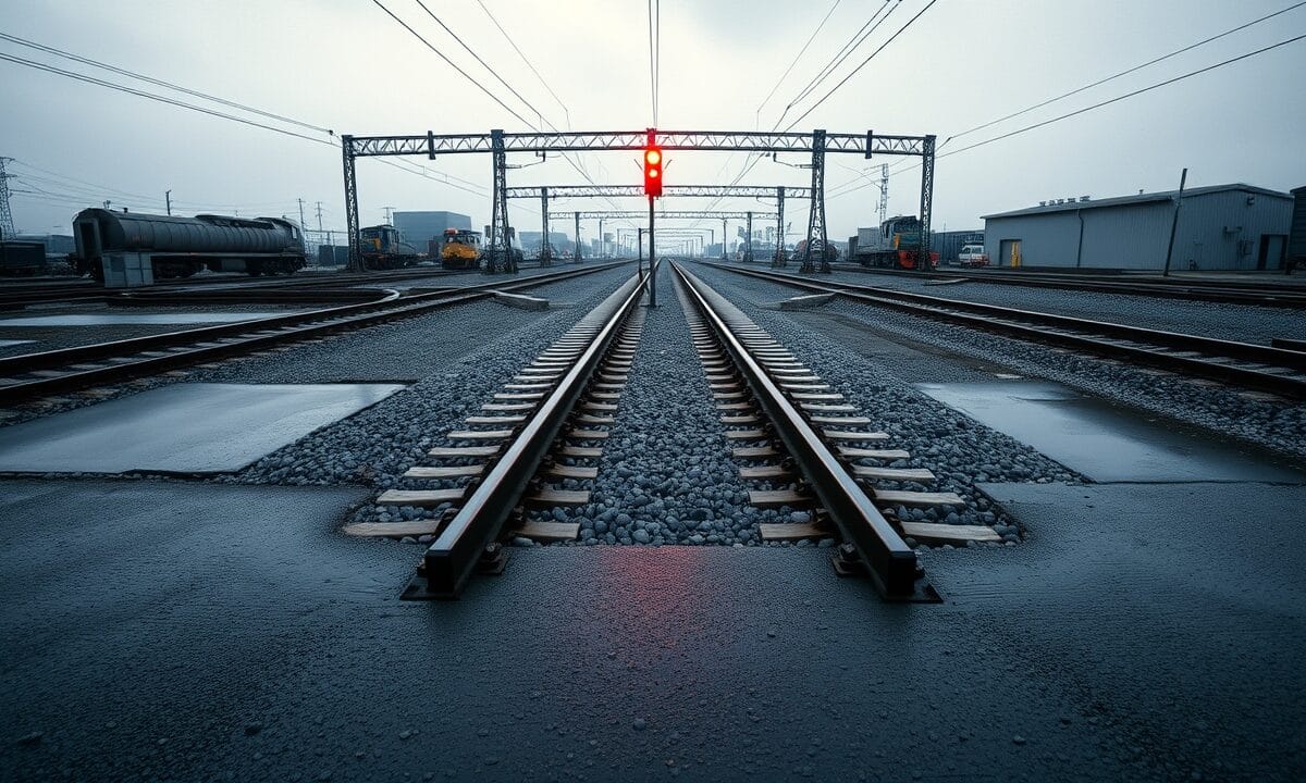 Aiguillage ferroviaire sous ciel couvert, deux voies divergeant dans une lumière froide bleu acier