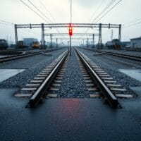 Aiguillage ferroviaire sous ciel couvert, deux voies divergeant dans une lumière froide bleu acier