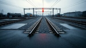 ETH/EUR 2026 : 1 Ethereum vaut 1 633 € (+10 % sur un mois) 6 Aiguillage ferroviaire sous ciel couvert, deux voies divergeant dans une lumière froide bleu acier