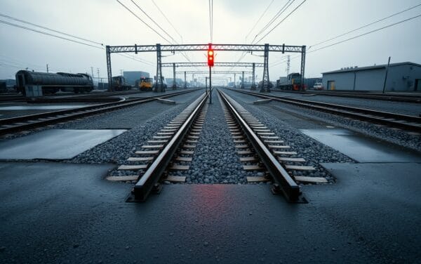 Aiguillage ferroviaire sous ciel couvert, deux voies divergeant dans une lumière froide bleu acier