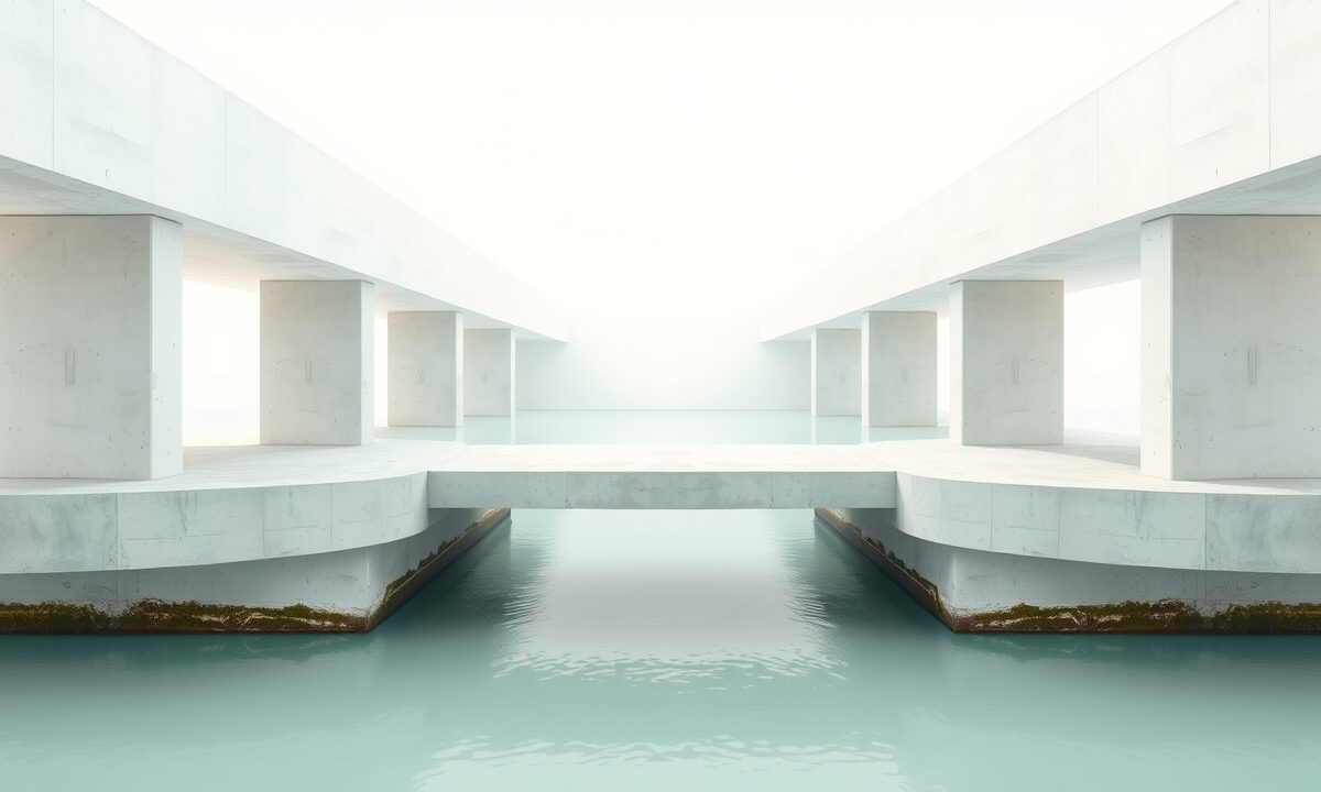 Pont architectural en béton clair se divisant en deux voies au-dessus d'une eau calme, lumière diffuse.