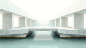 Ethereum face à Bitcoin : la dette d'exécution de la Fondation, pas le marché 11 Pont architectural en béton clair se divisant en deux voies au-dessus d'une eau calme, lumière diffuse.