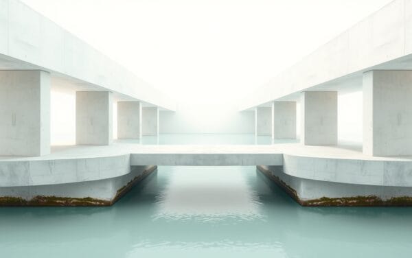 Pont architectural en béton clair se divisant en deux voies au-dessus d'une eau calme, lumière diffuse.