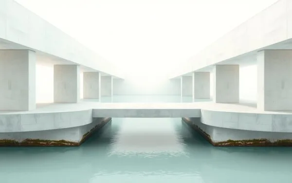 Pont architectural en béton clair se divisant en deux voies au-dessus d'une eau calme, lumière diffuse.