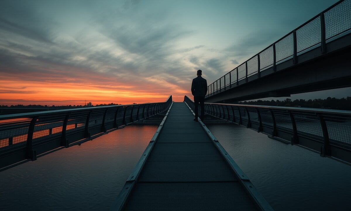 Passerelle métallique se séparant en deux chemins au crépuscule, silhouette de dos au loin.