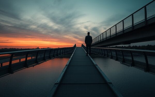 Passerelle métallique se séparant en deux chemins au crépuscule, silhouette de dos au loin.