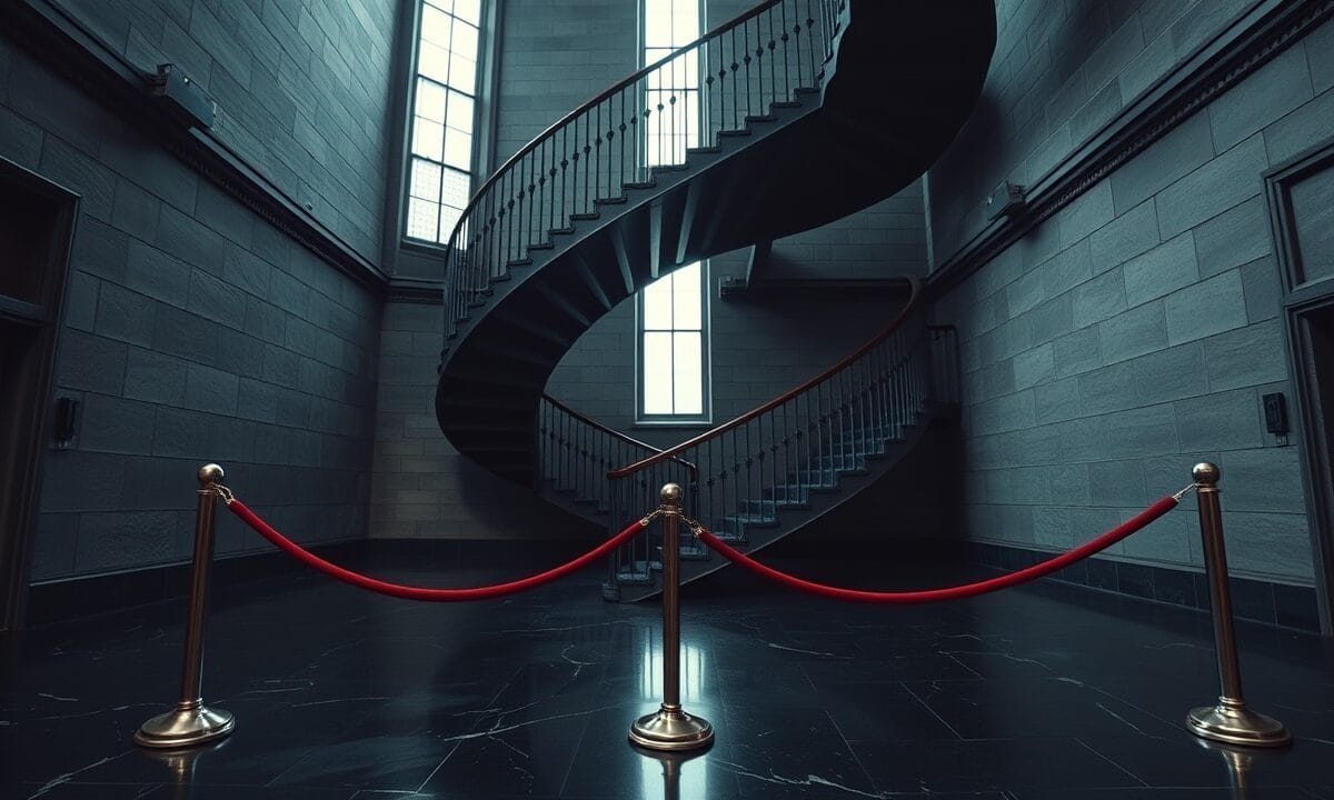 Escalier en fer forgé spiralé dans un bâtiment institutionnel britannique sous lumière voilée et tonalités acier.