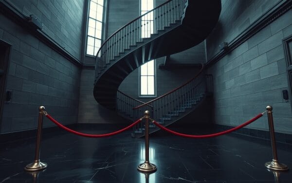 Escalier en fer forgé spiralé dans un bâtiment institutionnel britannique sous lumière voilée et tonalités acier.