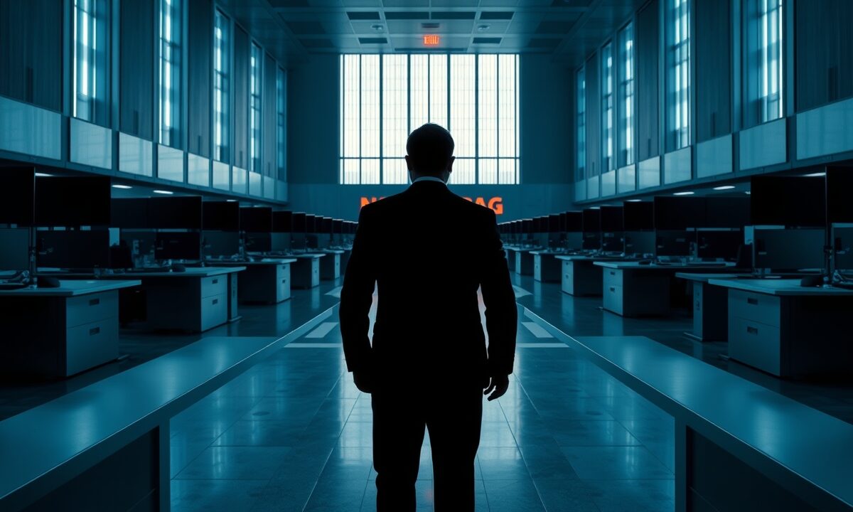 Fold : vente de 45 M$ en BTC efface la dette, action +162 % 1 Salle de marché vide à l'aube, silhouette d'analyste de dos, ambiance bleu acier et accent rouge discret.