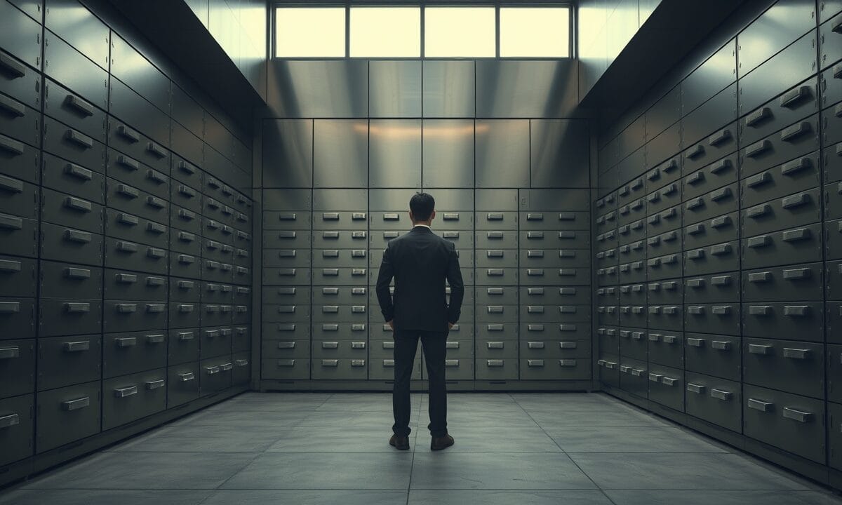 Salle des coffres d'une institution financière japonaise, silhouette d'un gestionnaire de dos au loin