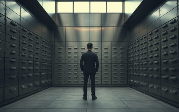 Salle des coffres d'une institution financière japonaise, silhouette d'un gestionnaire de dos au loin