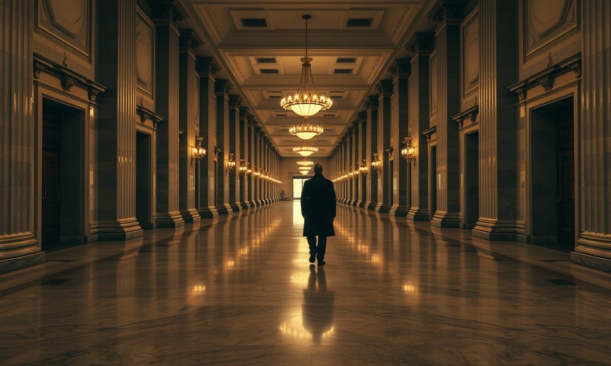 GENIUS Act : les sénateurs exigent que le Trésor protège l'autorité des États 1 Long couloir de marbre d'une institution fédérale américaine, silhouette de dos au fond, ambiance sépia archives.