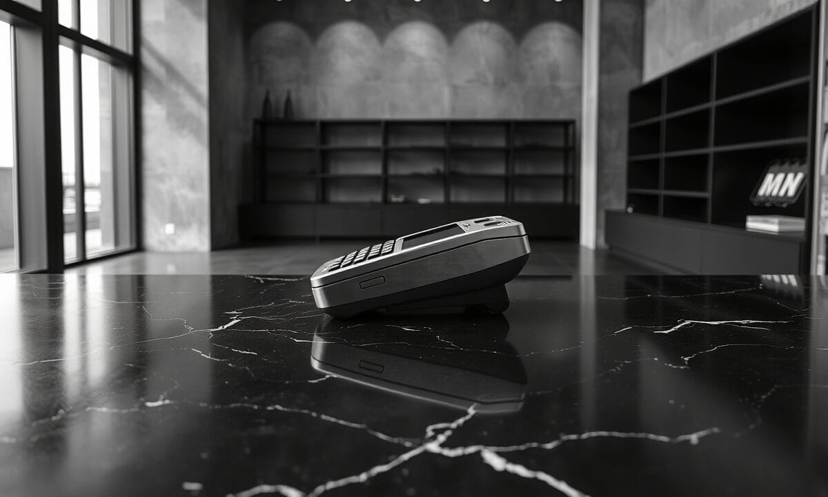 GoMining défie Square avec GoBTC Pay, frais à 0,2 % 1 Terminal de paiement en acier brossé sur un comptoir en marbre sombre, image en noir et blanc contrasté.